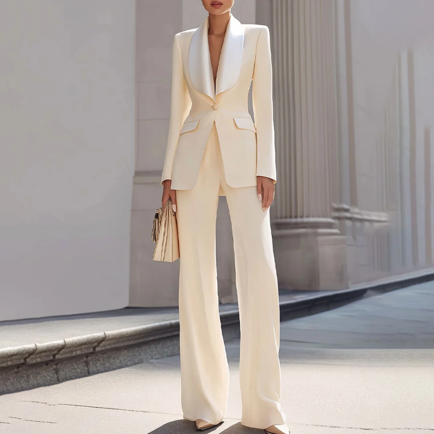 Beige Women's 2 Piece Suit Shawl Lapel One Button Slim Fit Formal Evening Party Pant Suit Long Sleeve Evening Dress Customized view 2