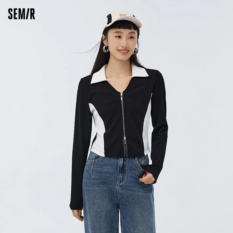 Semir 2024 Long-Sleeved T-Shirt Women Short Contrasting Color Slimming Temperament Knitted Cardigan Versatile New Style Tee