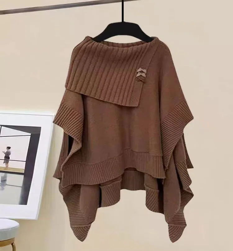 Fall Winter Knitted 2 Pieces Sets For Women Outfits Korean Casual Slash Neck Elegant Cloak Sweater+knitting Dresses Sets 2024