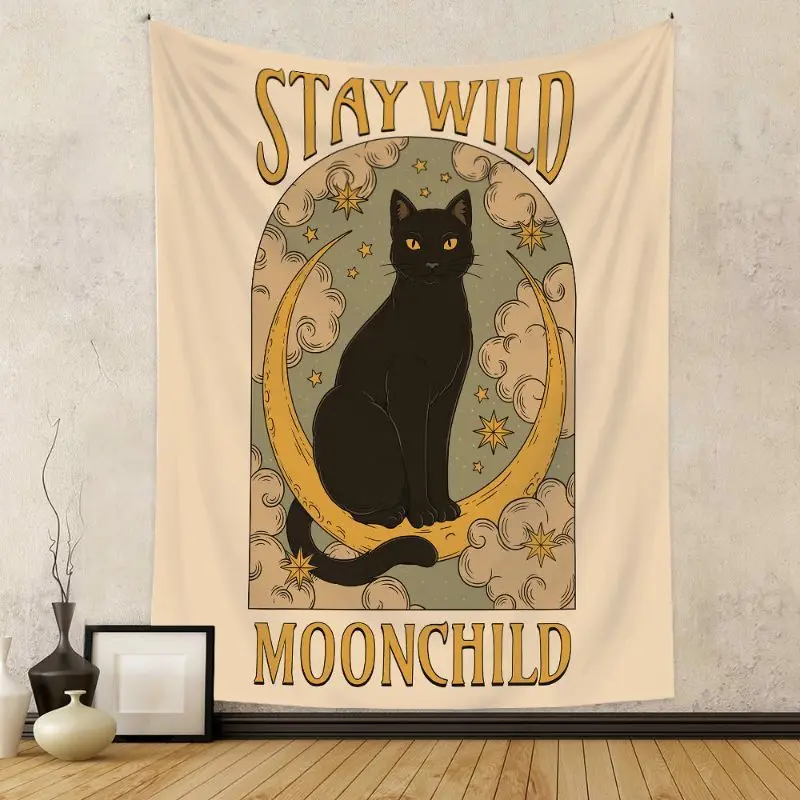 VIKAMA Vintage Black Cat Celestial Aesthetic Tapestry Sun Moon Boho Wall Hanging Indie Dorm Bedroom Witchy Home Wall Art Decor