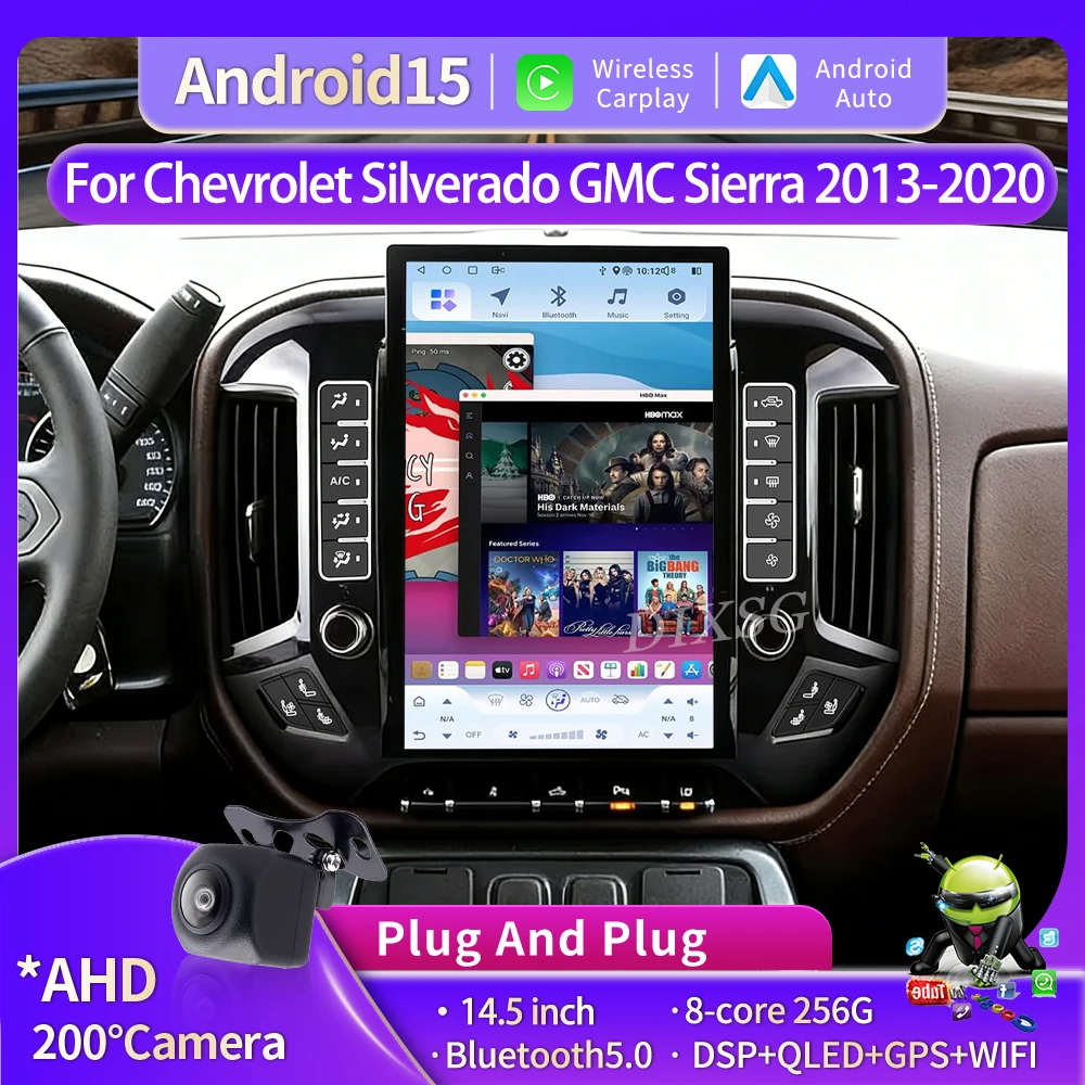 Android 15 Inalámbrico CarPlay para Chevrolet Silverado GMC Sierra 2013-2020, Unidad Principal de Repuesto Estéreo Estilo Tesla con Bluetooth y GPS