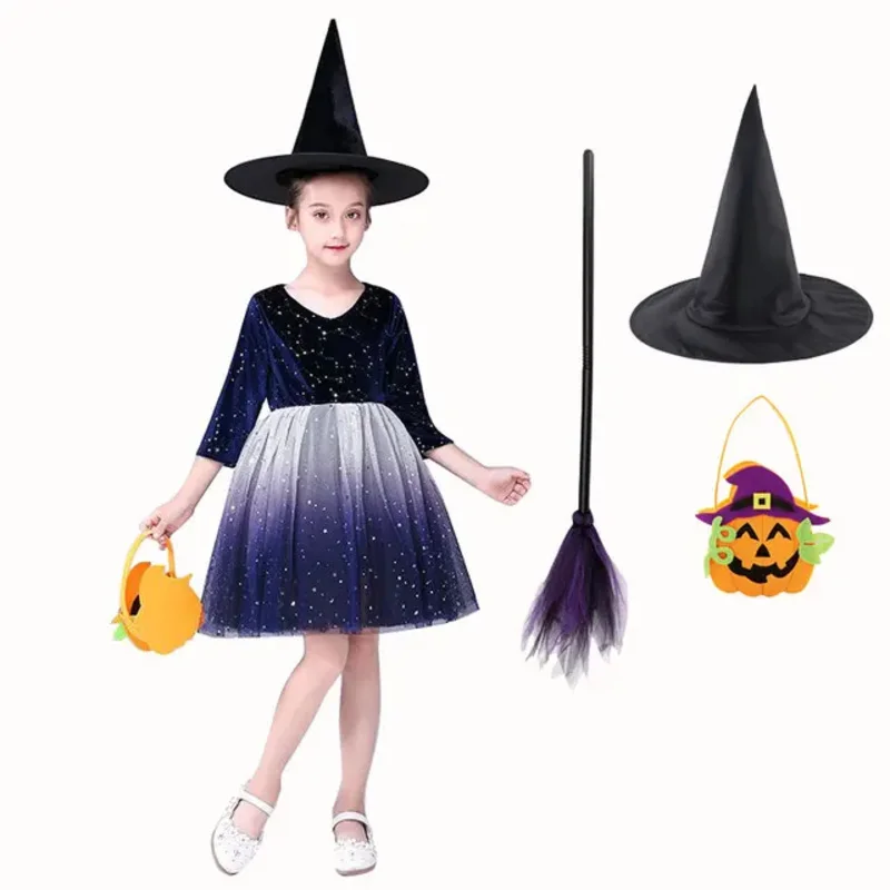 Heks Kostuum Prinsessenjurk Voor Meisjes Halloween Tutu Knie Jurk Met Hoed Pomp Bagkids Carnaval Cosplay Party Outfit Set