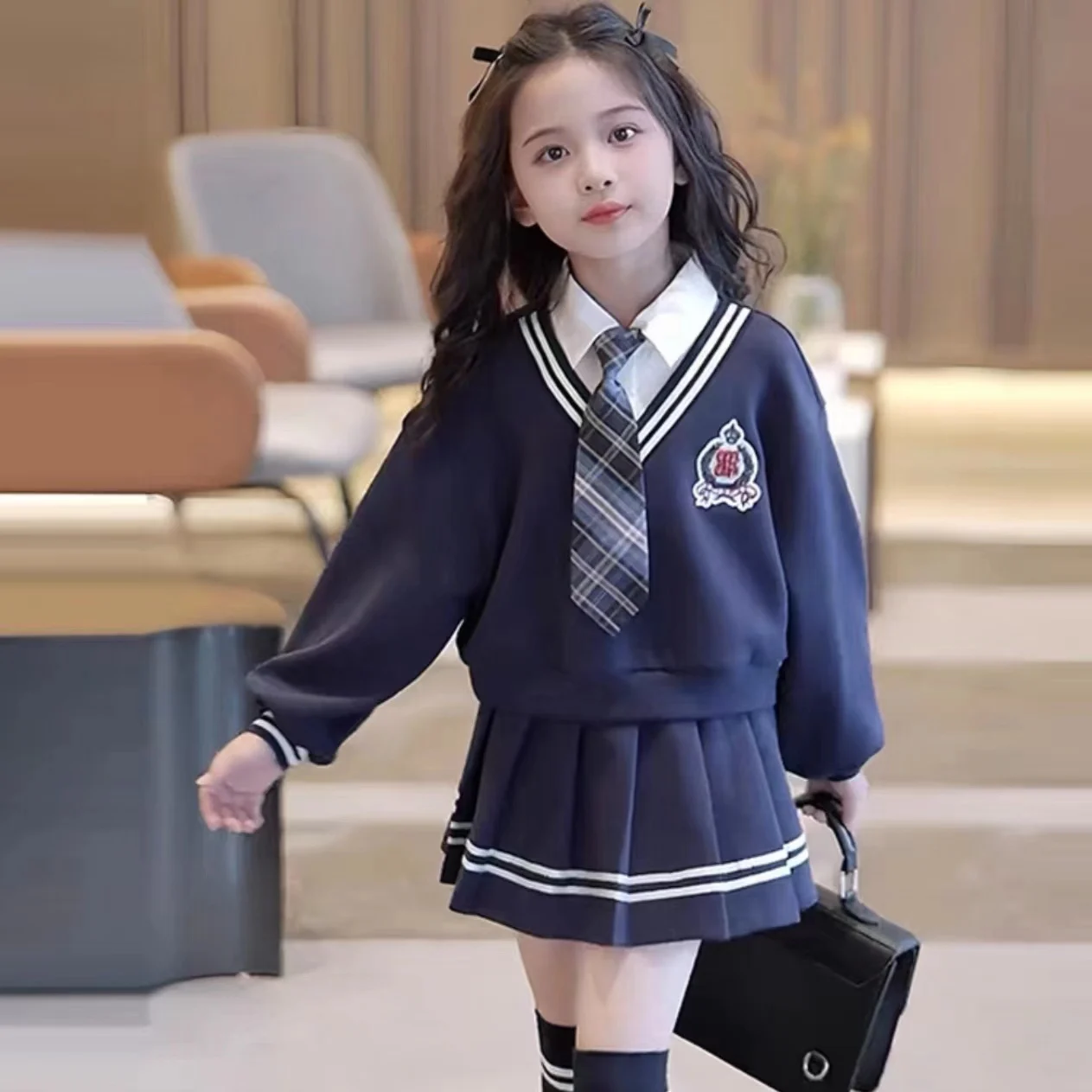 

College style girls clothes set white blue patchwork lapel hoodie+Pleated skirt 2pcs school outfits kids JK suit child outfits