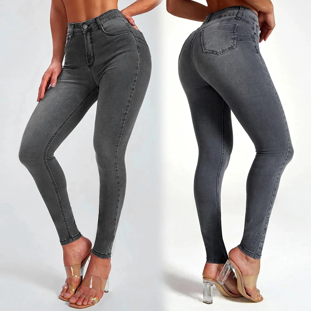 

Women's Slim Fit Stretch Jeans Elastic a Small Foot Jeans High Waist Long Pants Denim Fabric Zipper Closure Deep Color