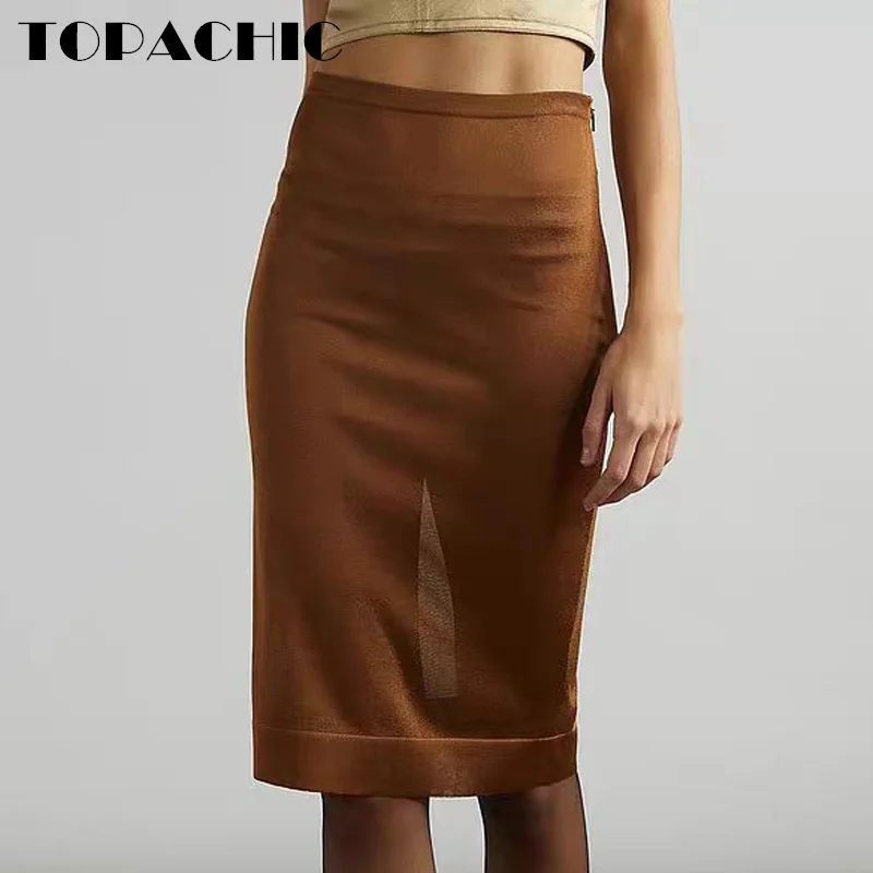 11.2 TOPACHIC-Women Temperament Elegant Sheer Knit Skirt Side Zipper High Waist All-matches Midi Pencil Skirt