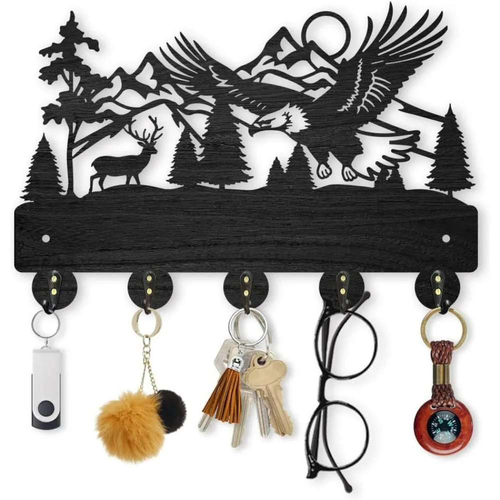 Eagle Deer Forest Coat Hooks Wall Mounted 11.8×7.9inch Black Wooden Eagle Key Holder for Wall 5 Alloy Hooks Wall Art Decor Deer