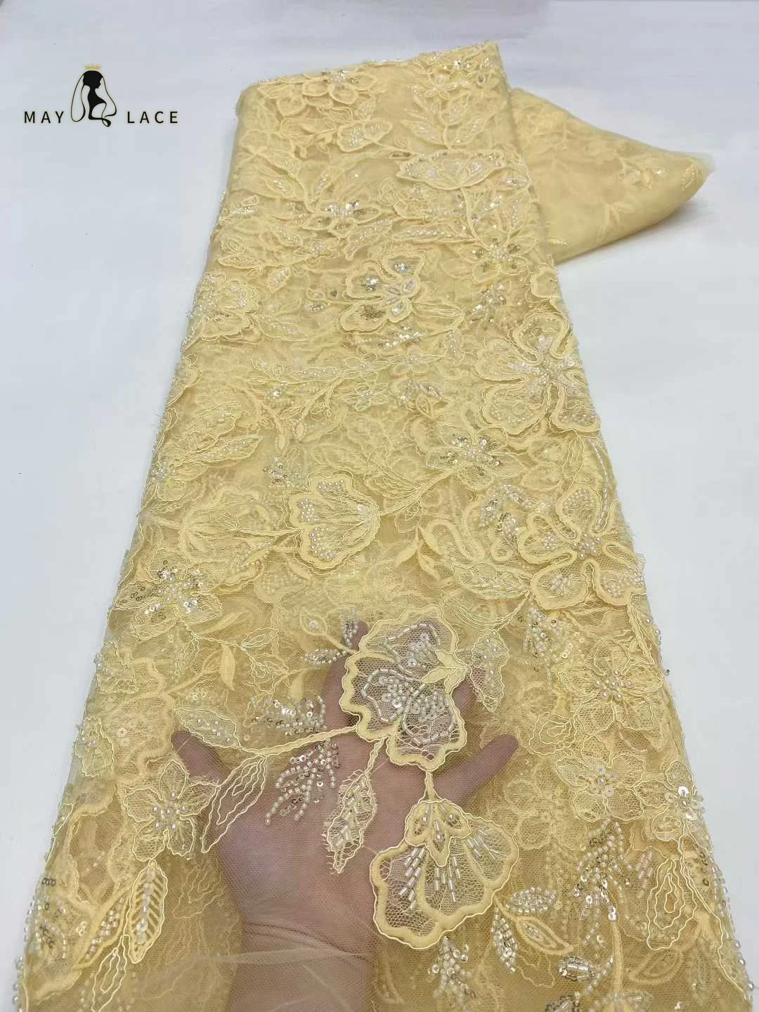 French Tulle Beads Lace Fabric African Lace Fabric 2026 High Quality Nigerian Embroidery Sequins Lace Fabric For Wedding Sewing 4