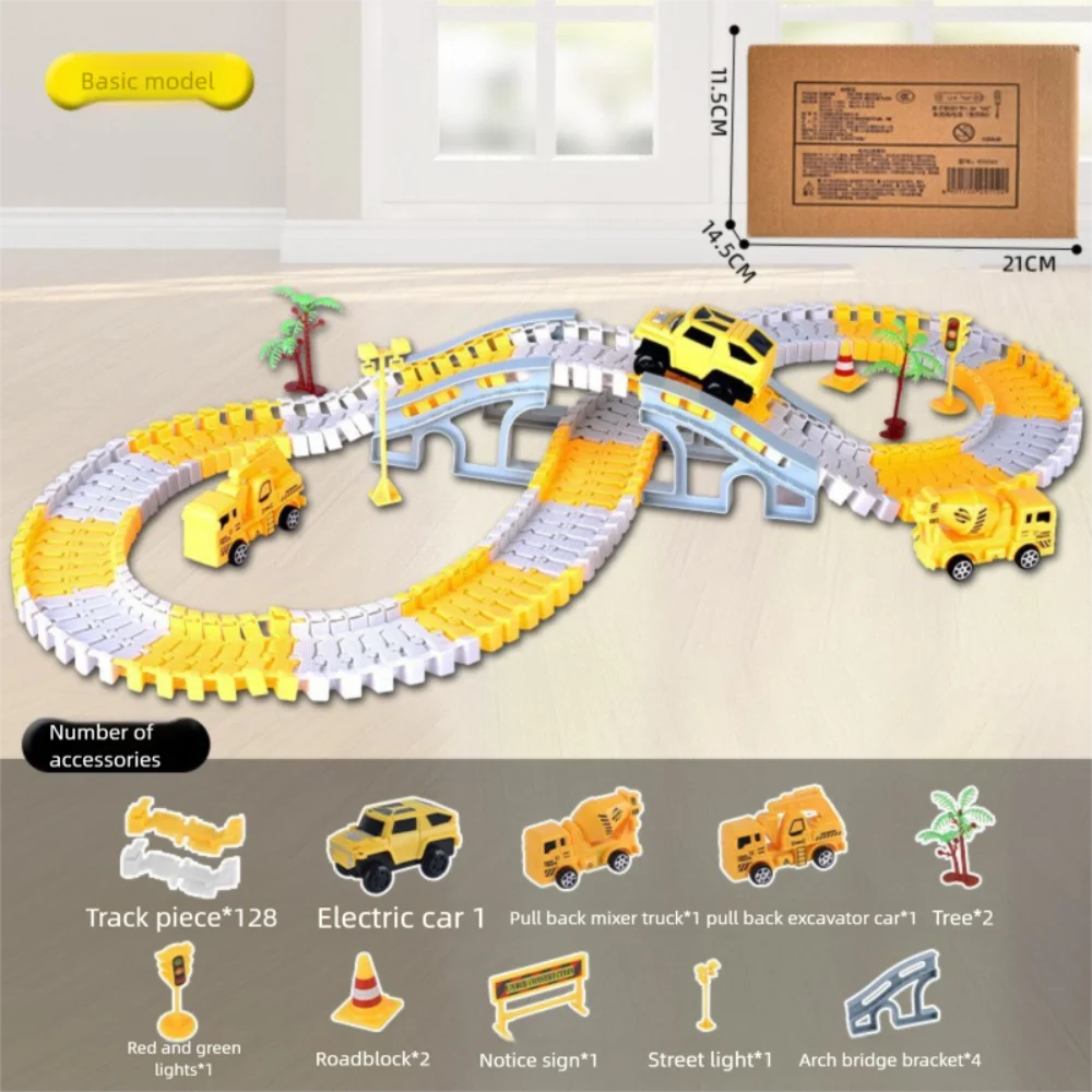 Set di binari da corsa fai-da-te in plastica creativa 146/231 pezzi Set di giocattoli per auto ferroviarie gialle bianche Interessante auto elettroniche fai-da-te per bambini