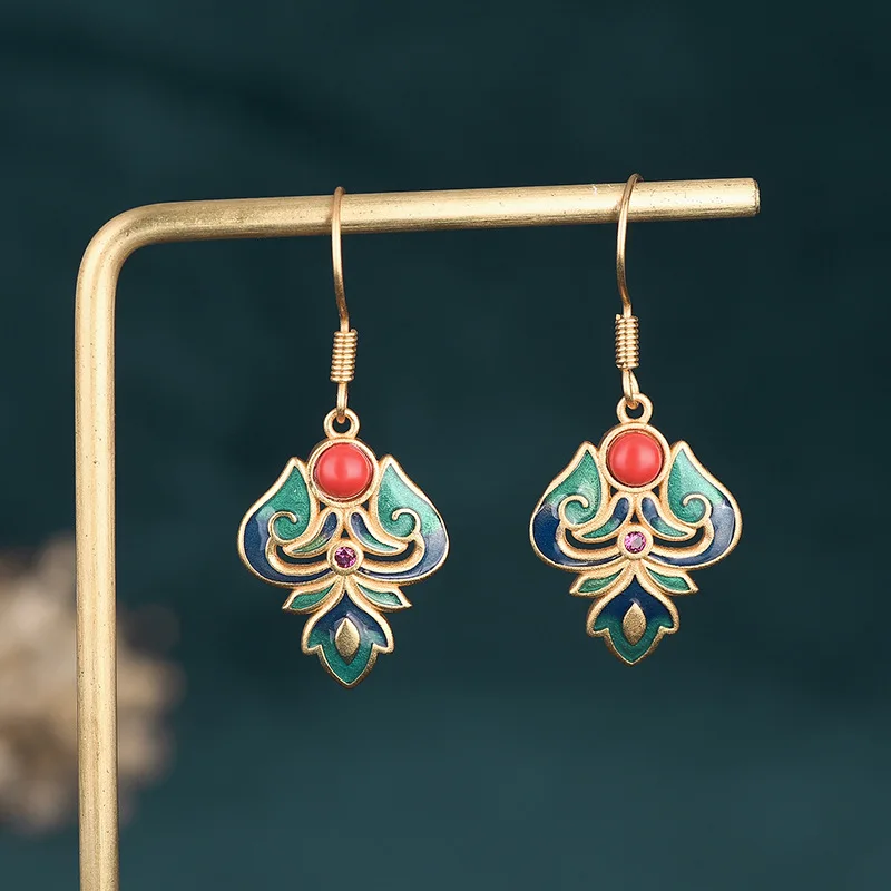 Ancient gold craftsmanship ethnic style enamel porcelain inlaid with southern red tourmaline earrings for women silver jewelry