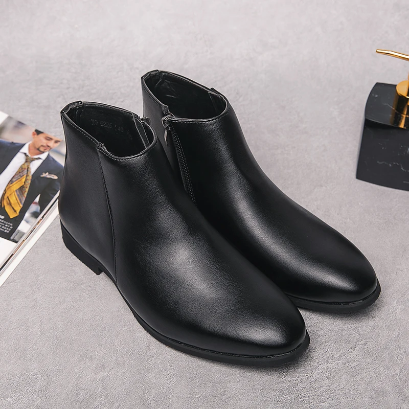 High-Quality Pu Leather Men\'s Ankle Boots Black High-Top Chelsea Boots Man Pointed Casual Business Shoes For Men Big Size 37-47