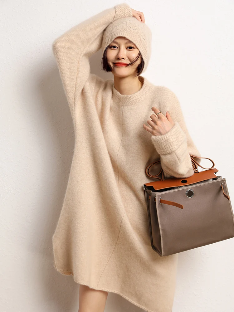 

TLOML New Autumn Winter Women's 100% Cashmere Knit Sweater Pullover Luxury Long Dress Sweater Casual Loose Female Cashmere Dress