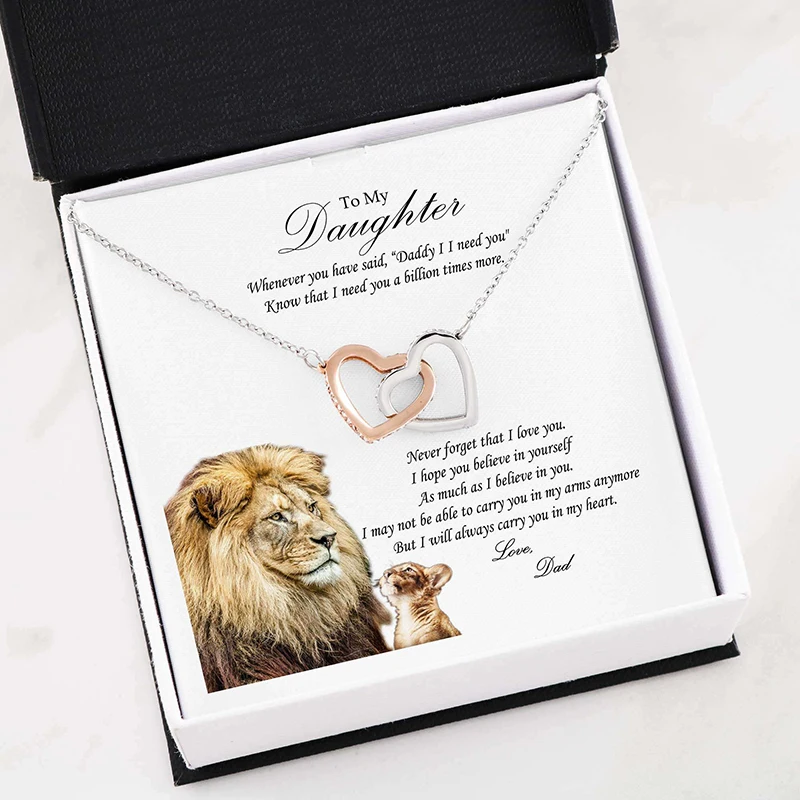 From Dad to Daughter Gift Necklace Interlocking Pair of Hearts Cubic Zirconia Necklace with Lion Message Card Dropshipping