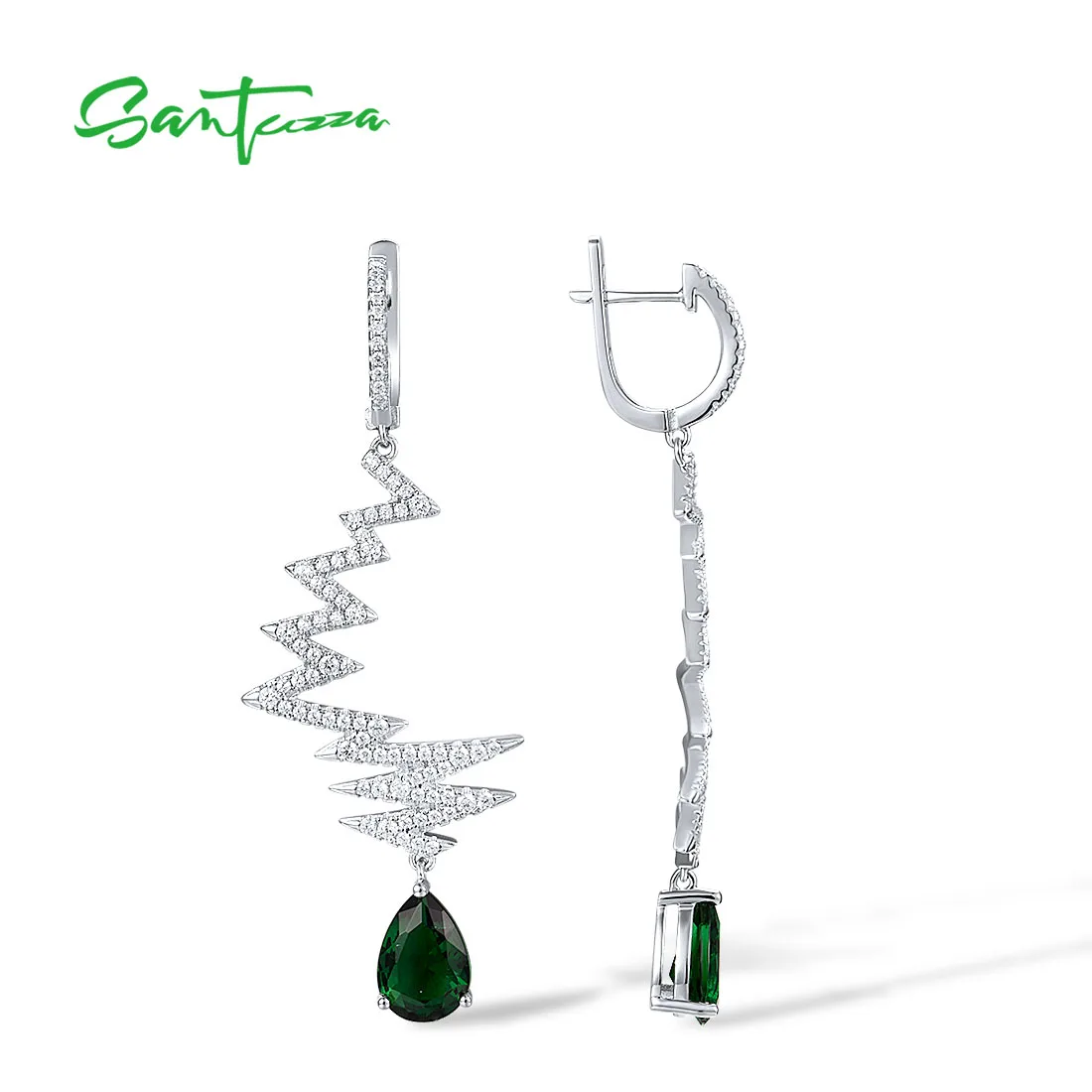 SANTUZZA 925 Sterling Silver Long Drop Earrings For Women Sparkling Green Glass White CZ Wave Shape Unique Fine Chic Jewelry