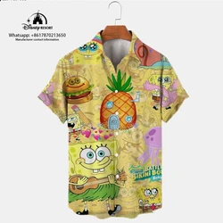 Camiseta de manga corta con estampado de Bob Esponja para hombre, camisa veraniega de estilo Harajuku, informal, versátil, con solapa, a la moda, novedad de 2024