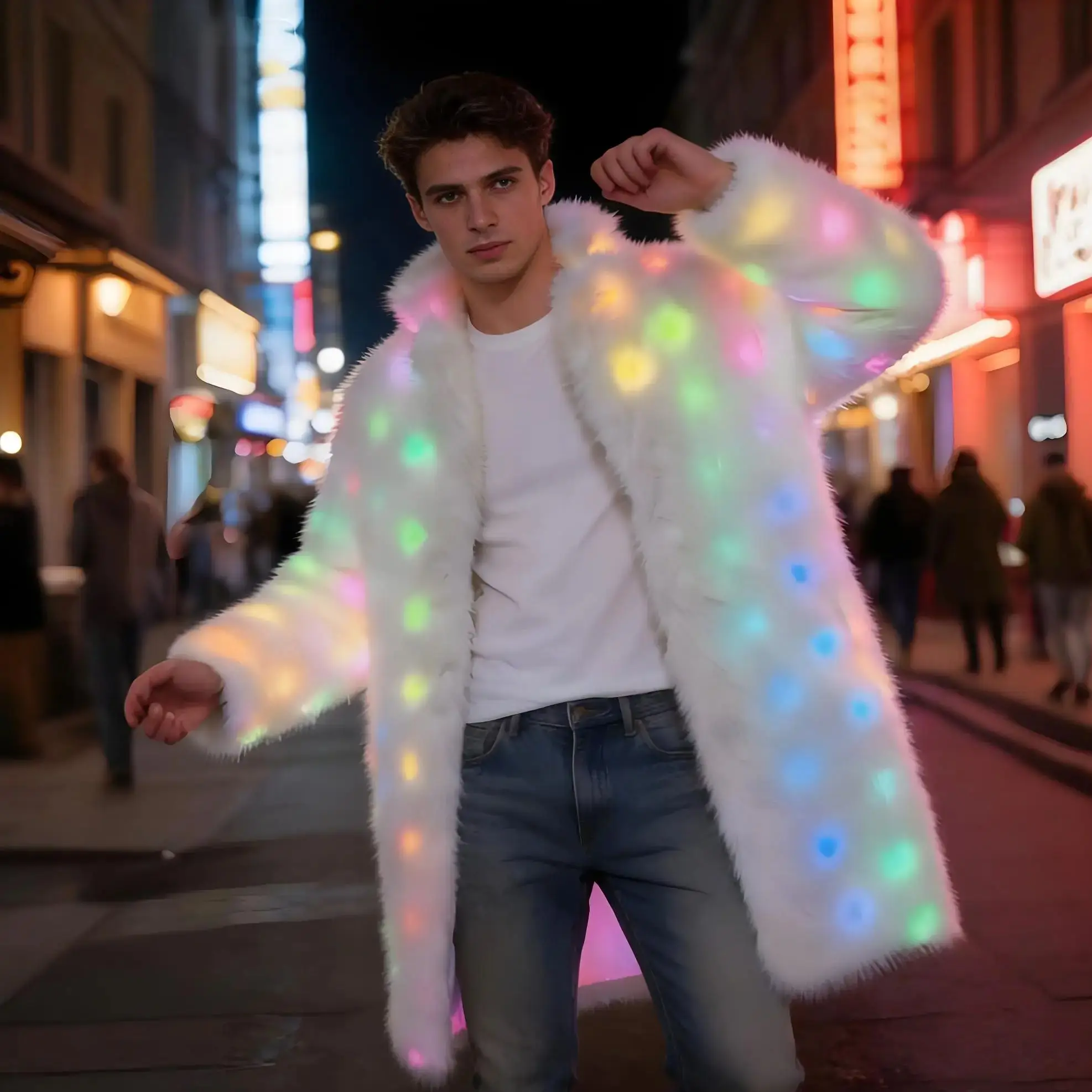 

Big Size Men's LED Light Up Fur Coat – Hooded Glowing Plush Jacket for Winter Rave Festival, Cosplay Costume