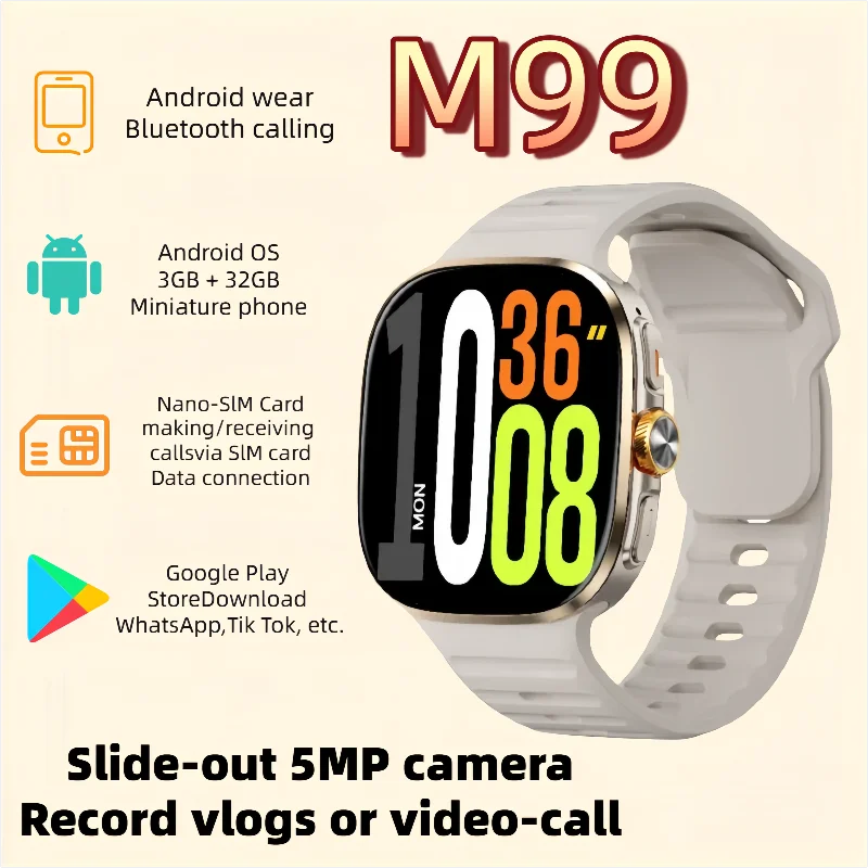

The M99 Android smartwatch features a 12-megapixel high-definition camera 2.4inch AMOLED screen, and 4G/5G full-network GPS/WIFI