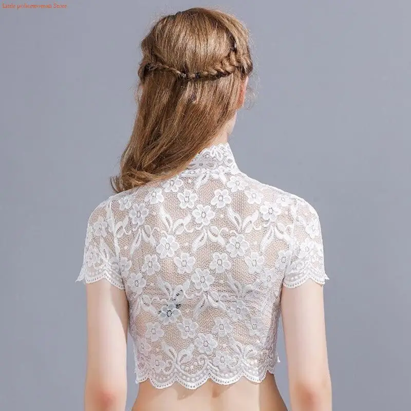 F92D Women Turtleneck Detachable Collar Elegant Floral Lace Short Sleeve Half Blouse Shirt Pullover Lining Dickey Crop Top