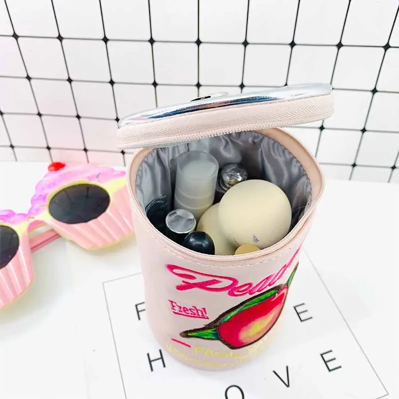 Cute Canned Peaches Makeup Bag Cosmetic Pouch Storage Bag Barrel Shaped Beauty Case Women Travel Toiletry Bag