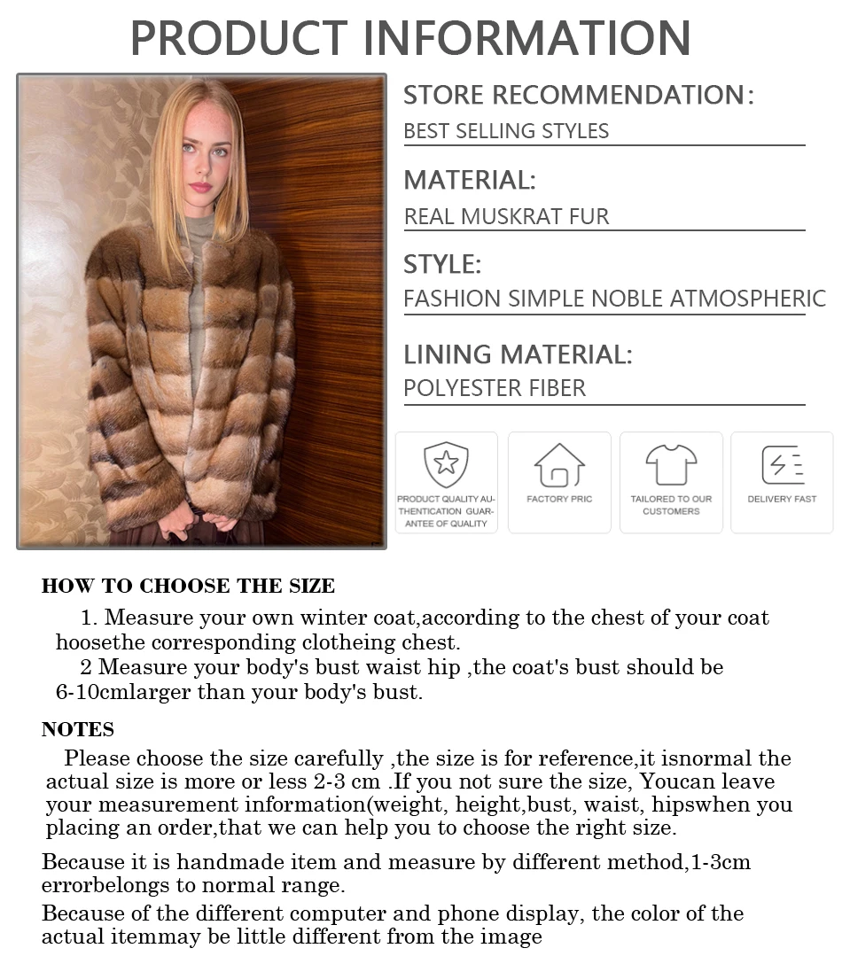 Natural Muskrat Fur Winter Women Fur Coat Women Luxury Real Fur Warm Winter Jackets