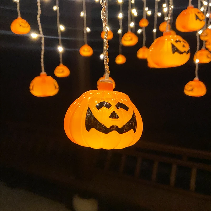 New LED Halloween Decorative Pumpkin Curtain Light String Ghost Festival Easter Scene Decoration Colorful Lights