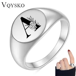 Stainless Steel Flower A-Z Letter Silver Color Finger Ring For Women Men Statement Fashion Rings Minimalist Engrave Jewelry Gift