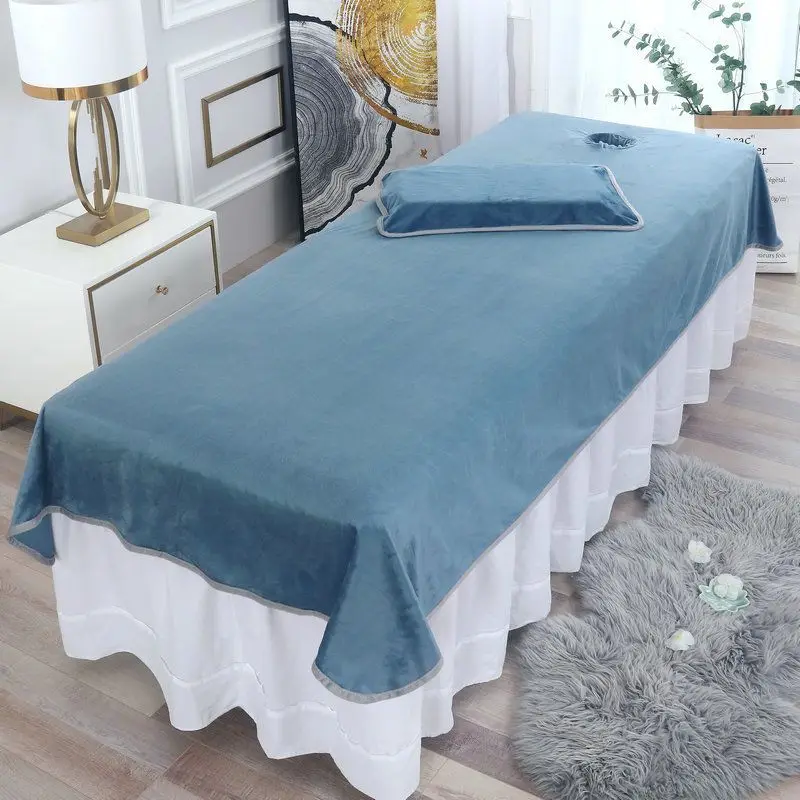 ملاءة مسطحة مخملية للتجميل بلون سادة ناعمة مع غطاء سرير بفتحة لسرير تدليك صالون التجميل