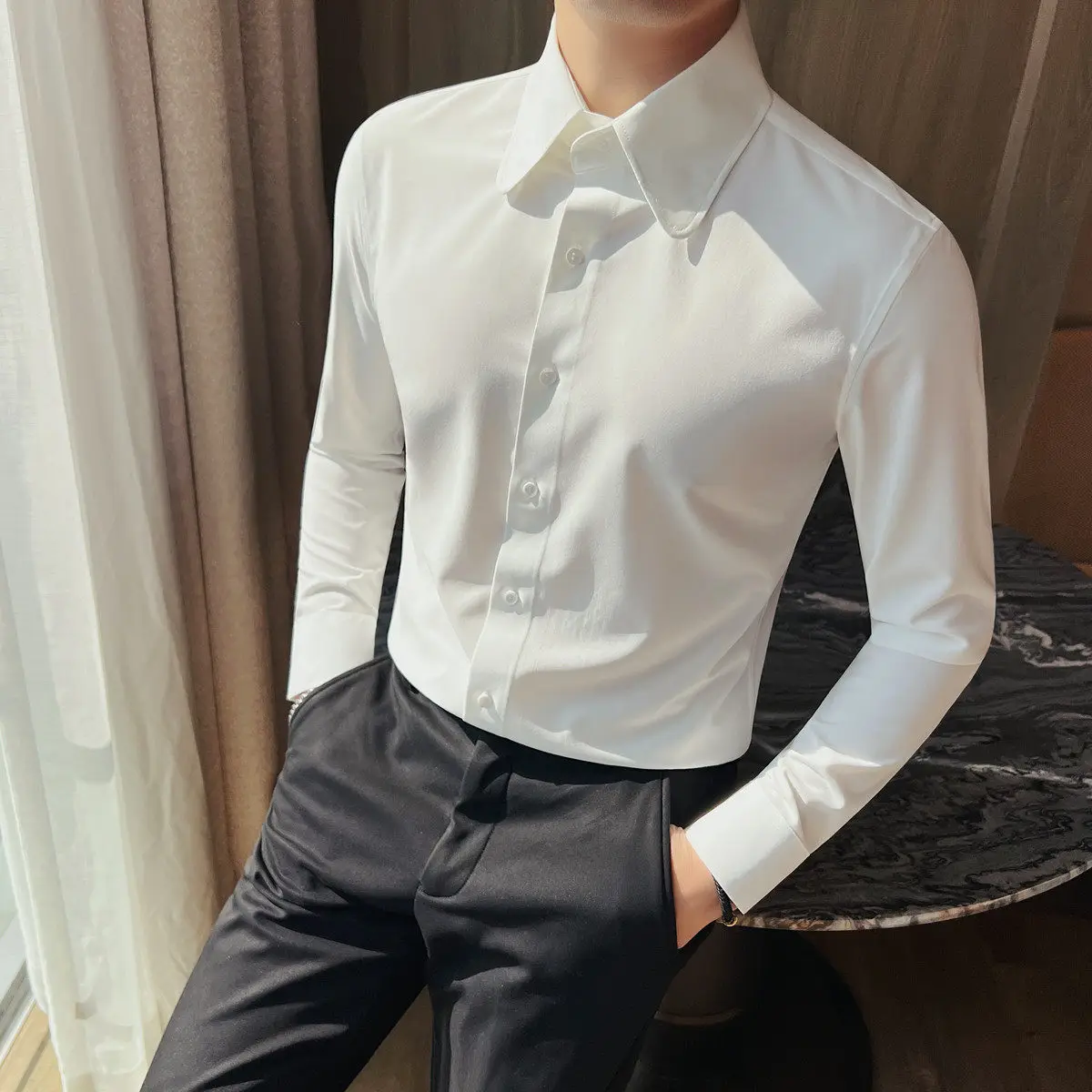 

Men's Business Shirt Long Sleeve Solid Black Formal Dress Shirt Slim Fit Office Work Wear Spread Collar Double Button Cuff Plus