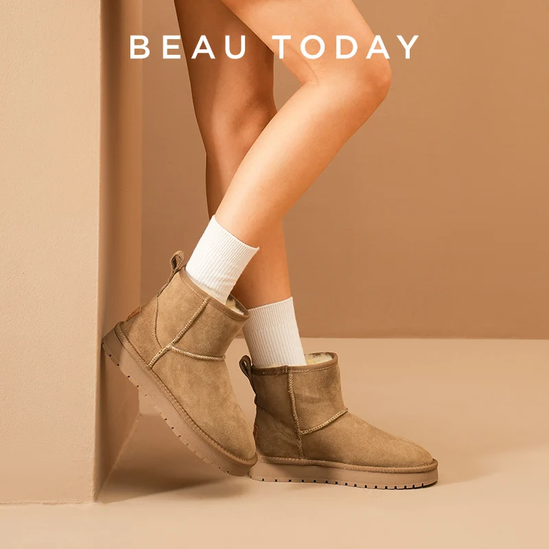 BEAUTODAY Snow Boots Women Kid Suede Round Toe Flat With Ultra Mini Thicked Sole Camel Ankle Boots Ladies Winter Handmade 08067