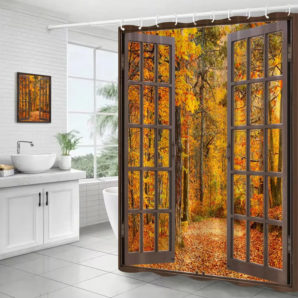

Autumn Forest Landscape Shower Curtains Brown Window Maple Trees Pathway Fall Nature Scenery Cloth Bathroom Decor Set with Hooks