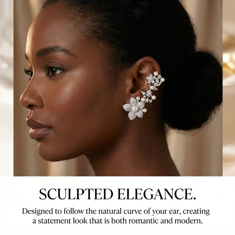 SENYU Luxury Pearl Camellia Flower Ear Climber Earrings for Women Elegant Floral Ear Cuffs Full Pave Zirconia Clip-on Earrings