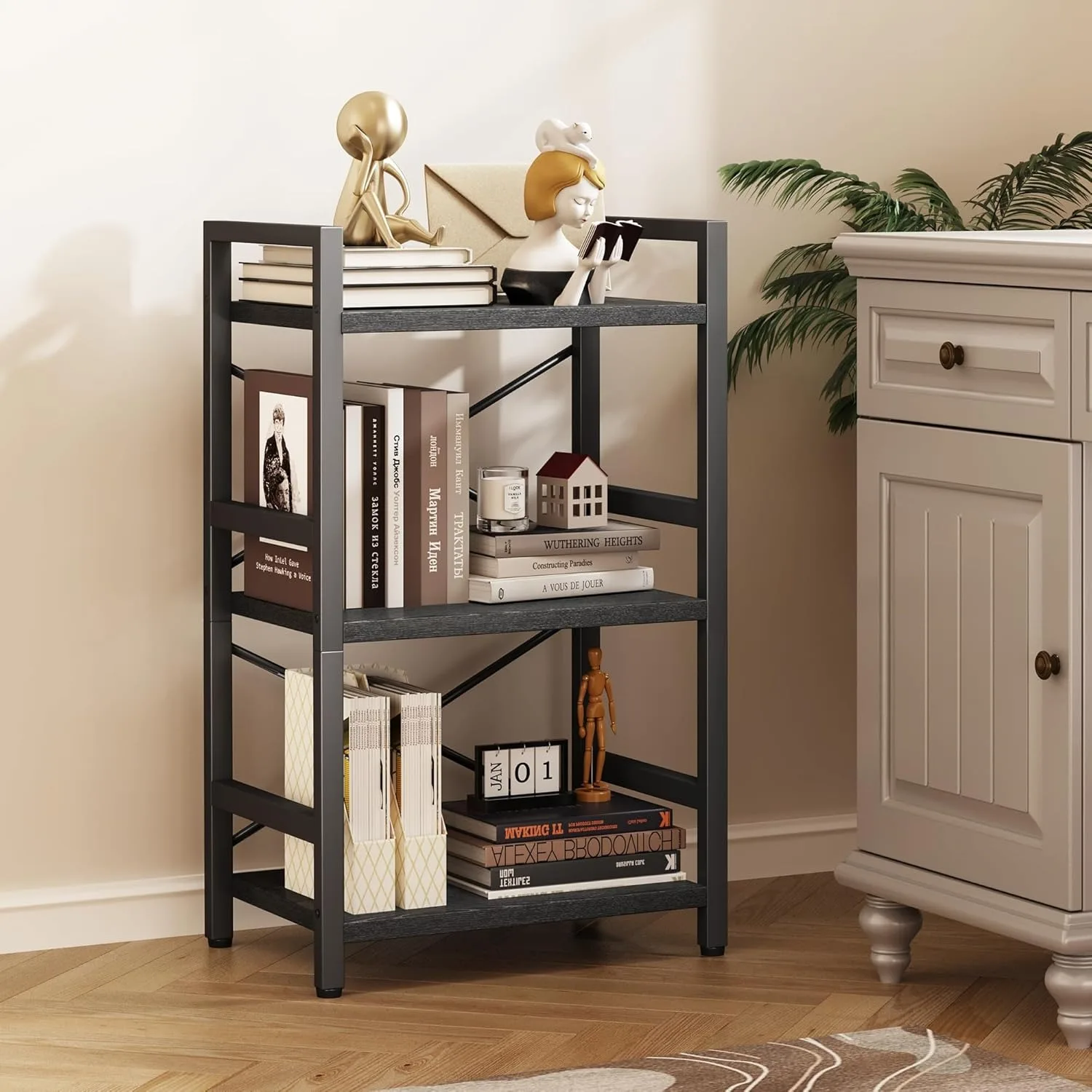 Bookshelf, 3 Tier Industrial Bookcase, Metal Small Bookcase, Rustic Etagere Book Shelf Storage Organizer for Living Room,Bedroom