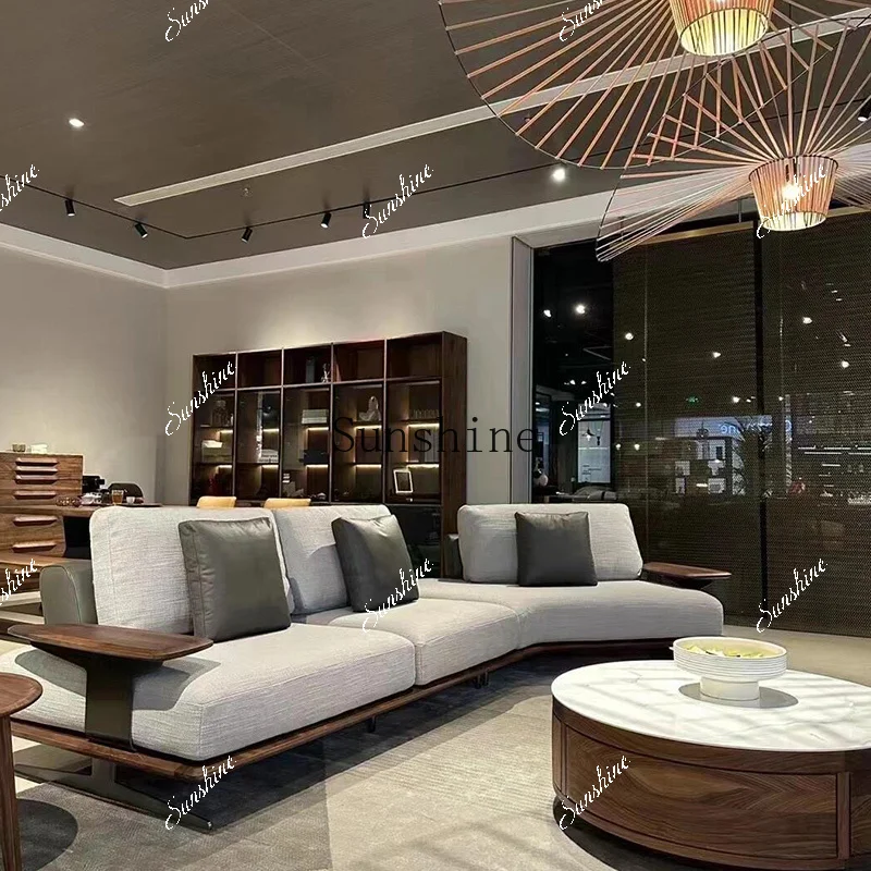 

New Chinese-style solid wood living room modern simple light luxury high-end three-person straight-row sofa combination FT