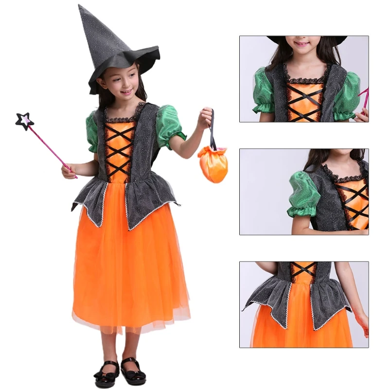 

Children Halloween Costume Witch Cosplay Contrast Color Dress Candy Bag Masquerade Party Role for Play Kids Clothes