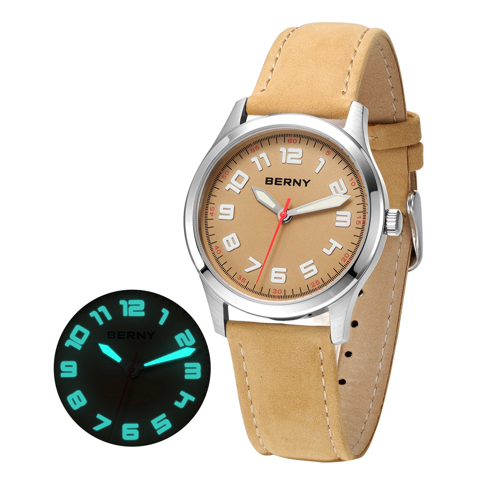 

Мужские кварцевые повседневные часы BERNY, светящиеся часы из нержавеющей стали с кожаным ремешком и сапфировым покрытием Miyota 2035 3ATM, модные мужские наручные часы