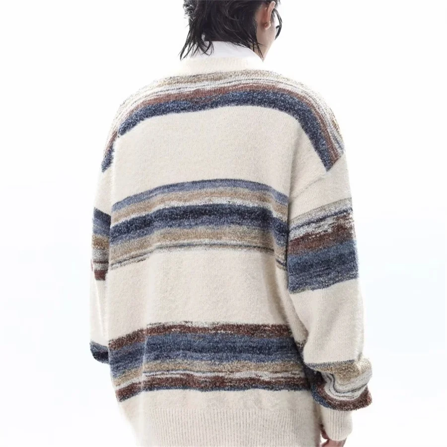 Cárdigan de punto para hombre, suéter a rayas, suéter informal con cuello en V, ropa para hombre, ropa de calle con botones, prendas de punto 2026