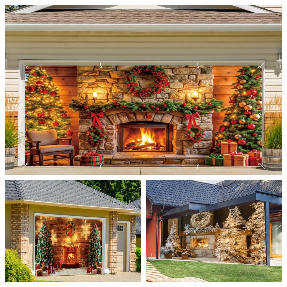 クリスマスガレージドア装飾冬の暖炉クリスマスツリーレンガ壁ガレージドアカバー壁パティオ庭外用