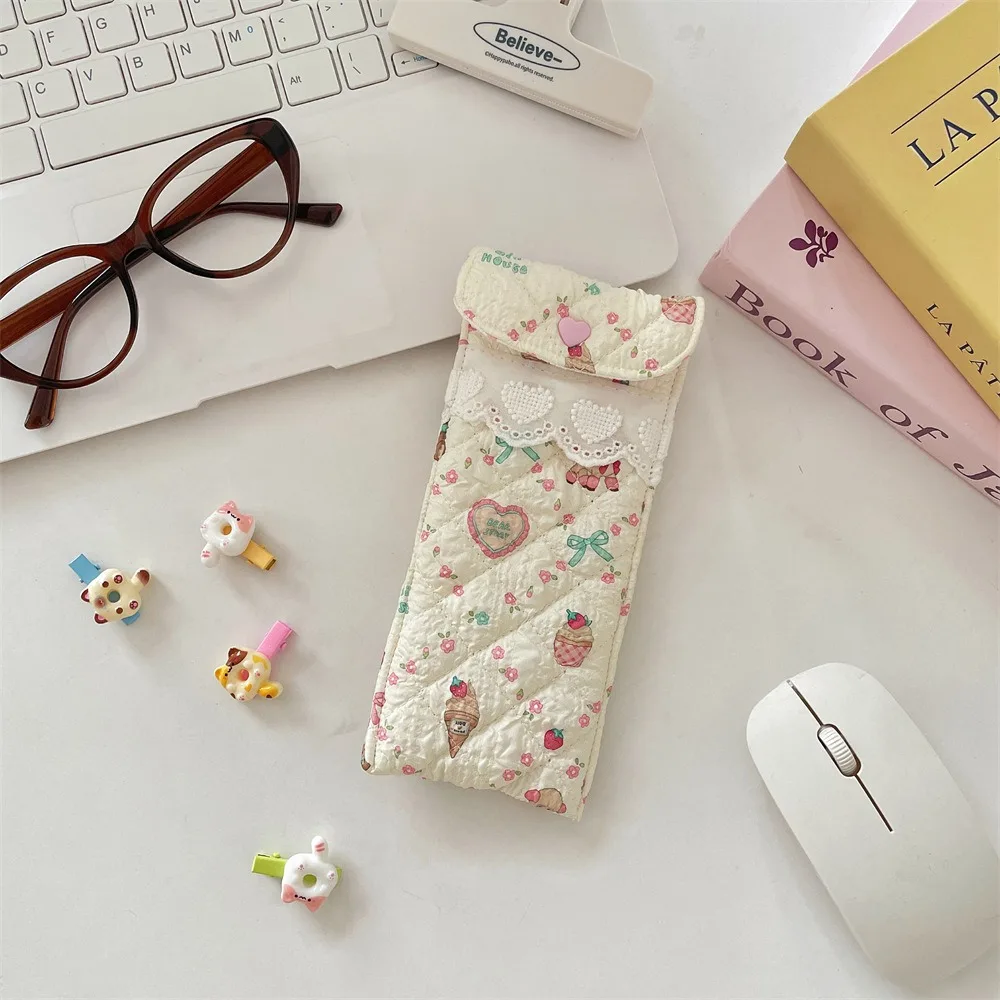 Korean Style Cotton Glasses Storage Bag Lace Heart Sweet Cute Pencil Case Sunglasses Pouch Multi-Functional Lipstick Bag