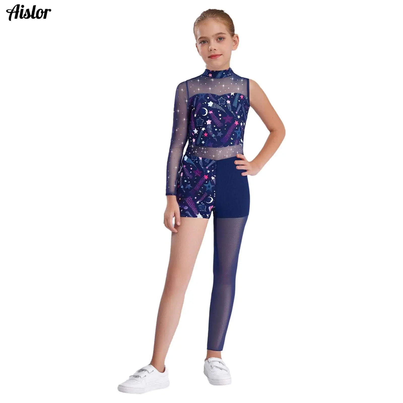 

Kids Girls Star Printed Gymnastics Leotard Shiny Rhinestones Sheer Mesh Patchwork Asymmetrical Bodysuit Figure Skating Unitard