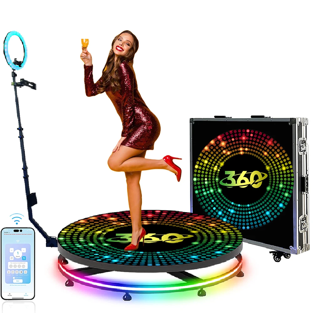 360 Photo Booth Machine with RGB Ring Light, Free Logo, App Control, 360 Automatic Rotating Selfie PhotoBooth with Flight Case