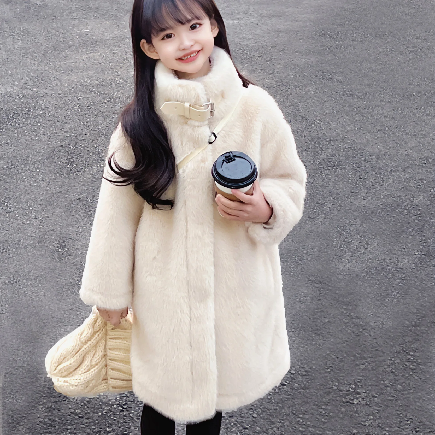 

2025 New Imitation Fur Girls' Fur Integrated Baby Suede Jacket Midi Length Coat