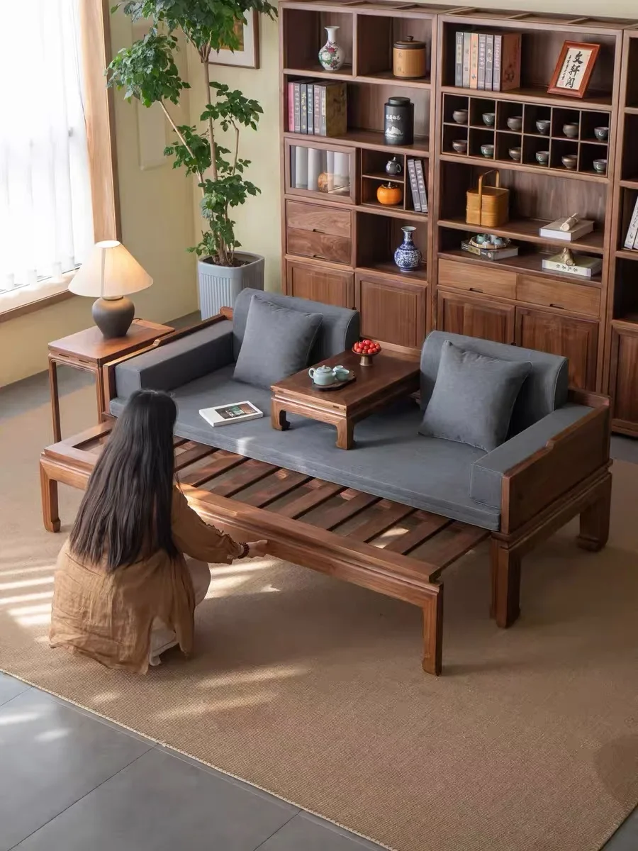 New Chinese-style solid wood Arhat bed, black walnut push-pull bed, small apartment living room simple telescopic dual-purpose
