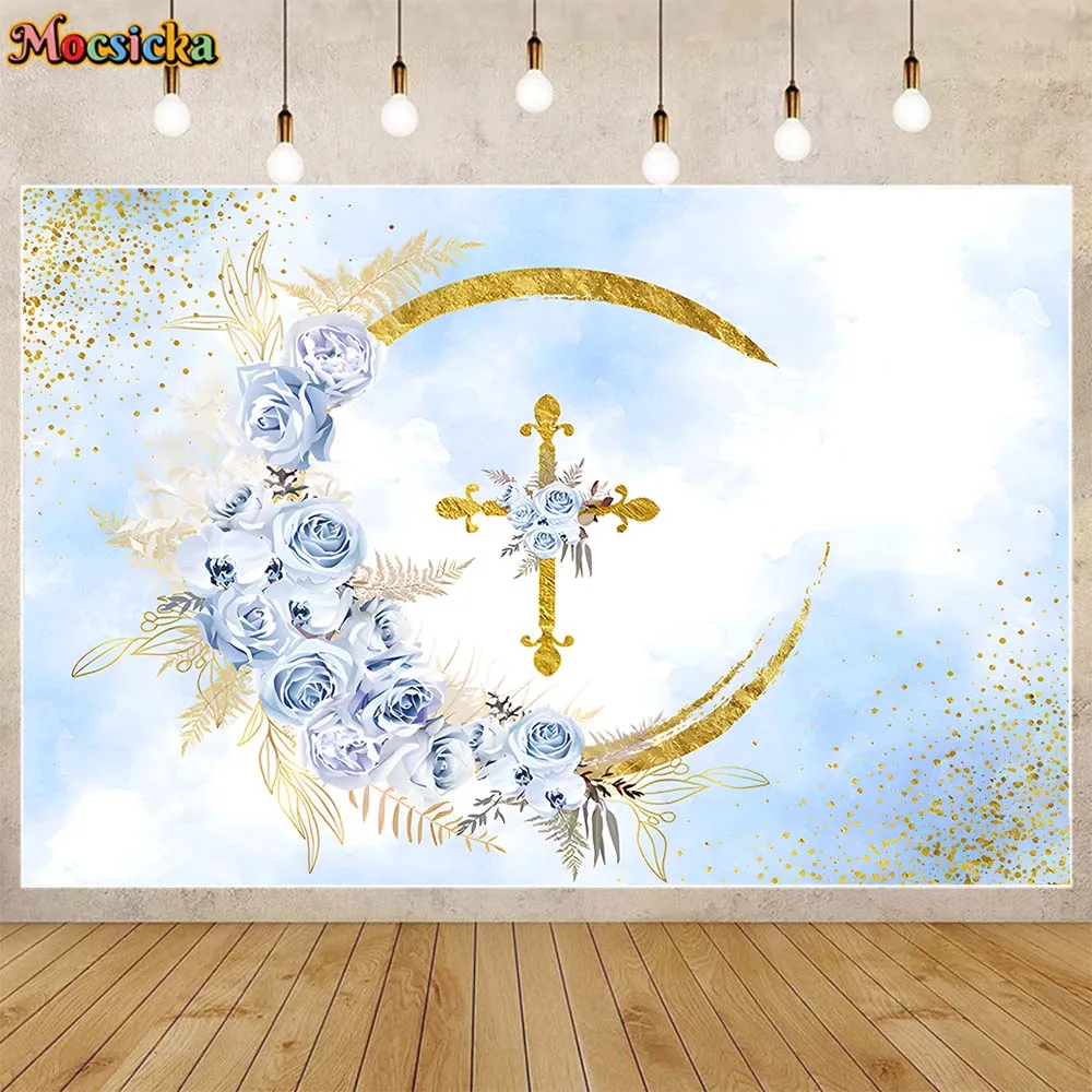 

Mocsicka Boys Baptism Christening Backdrop Blue Floral Cross Newborn Welcome Party Decoration Baby Photo Background Banner Props