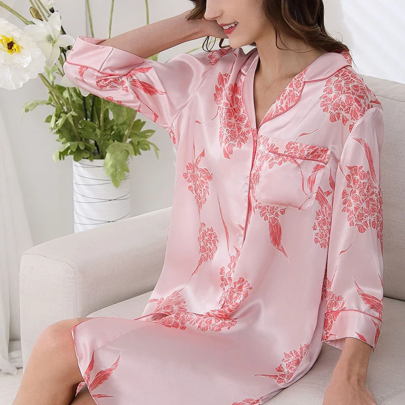 Winsleter, 19MM 100%Real Silk Elegant Nightgown, Women 3/4 Sleeve Print, Sexy Casual Pajamas Dress, 2024 Autumn Winter P49748CC