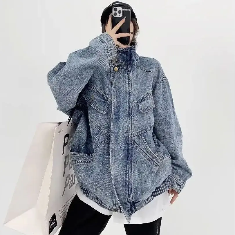 

Denim Coat Women Men'S Spring And Autumn New Loose Design Sense Of Standing Collar Cargo Jacket High Collar 2024 New