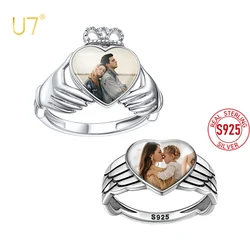 U7 Custom Photo Rings for Woman 925 Sterling Silver Claddagh Angel Wing Personalized Memorial Picture Silver Jewelry for Woman