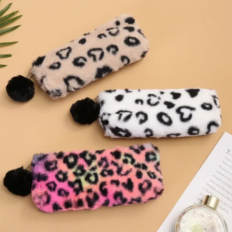 Multi-functional Portable Cosmetic Storage Bag Women Makeup Pouch Winter Casual Fashion Leopard Print Plush Ball Pencil Bag