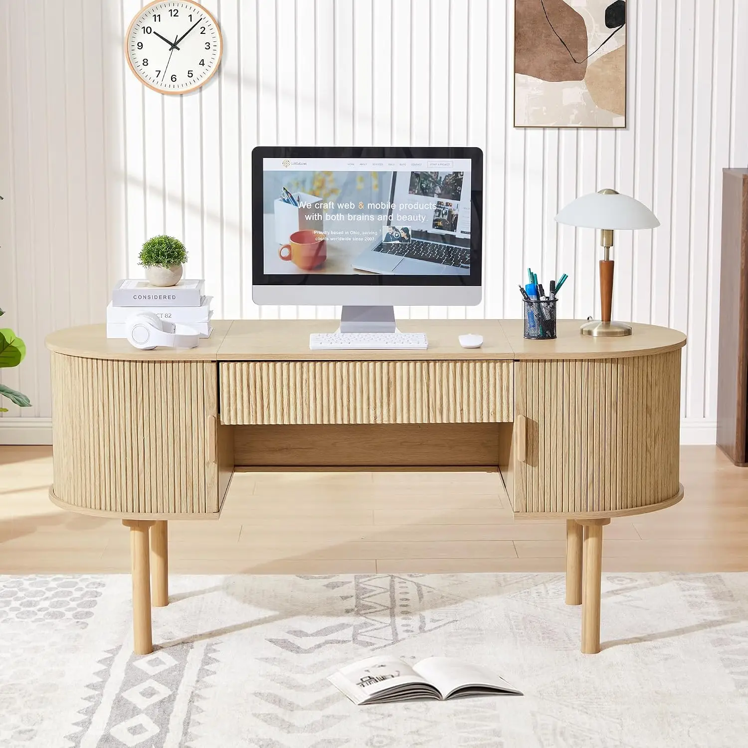 Oval Executive Desk with Tambour Door & Drawer, Fluted Wood Computer Storage for Home Office Study Bedroom, Natural, Customized