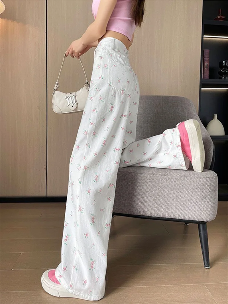 Broken Flower Straight Jeans Women's Spring Summer New Thin Loose Cover Casual Wide Leg Wide Leg Pants High Waist Female Jeans