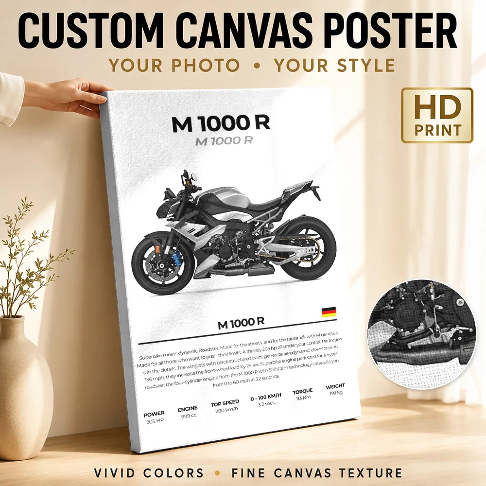 German M 1000 R Silver Motorcycle Framed Canvas Posters Luxury Style Wall Art With Customized Photo For Office Ideal Rider Gift