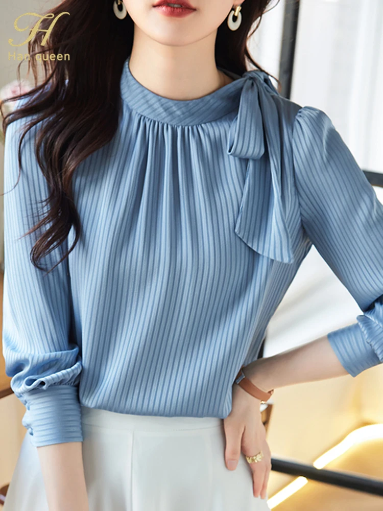 H Han Queen Simple Spring Elegant Blouses Womens Loose Casual Vintage Shirts Office Long Sleeve Tops Korean Reviews Many Clothes